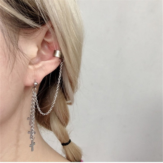 1PC European Style Fashion Vintage Long Chain Cross Zipper Drop Earrings for Men and Women Party Punk Jewelry Gift Brincos