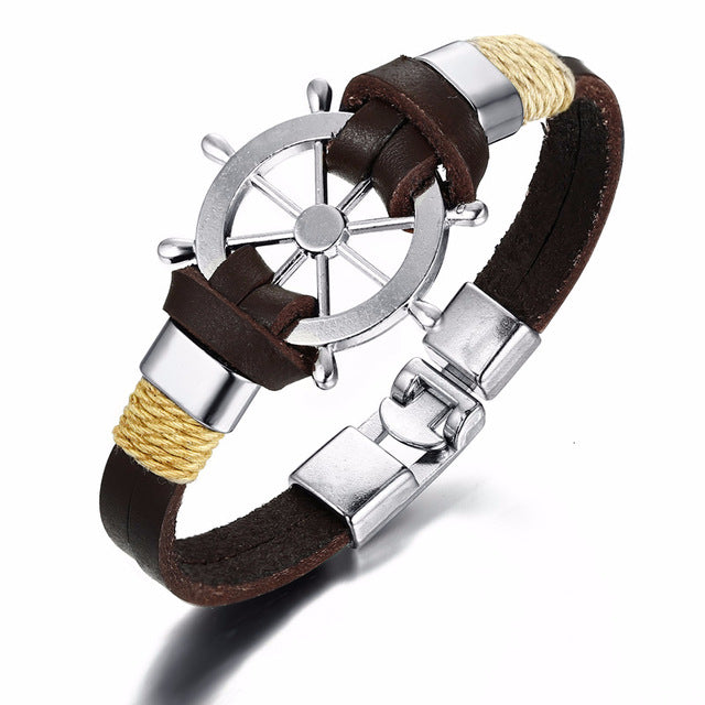 Vnox Vintage Rudder Charm Bracelet for Men Multi-layer Leather Rope Bracelets Bangles 7.87" pulseira masculina