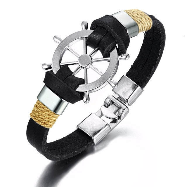 Vnox Vintage Rudder Charm Bracelet for Men Multi-layer Leather Rope Bracelets Bangles 7.87" pulseira masculina