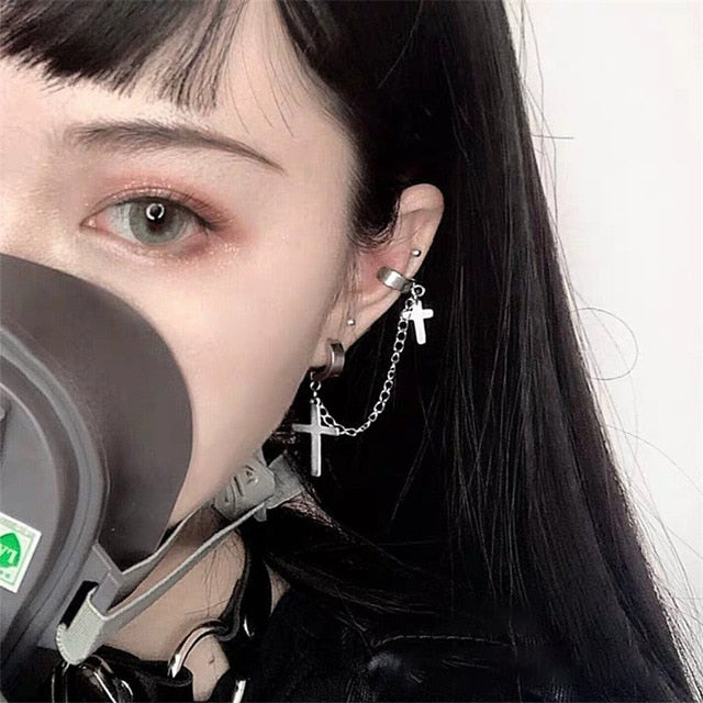 1PC European Style Fashion Vintage Long Chain Cross Zipper Drop Earrings for Men and Women Party Punk Jewelry Gift Brincos