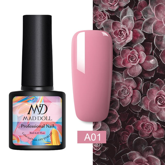 MAD DOLL 8ml 60 Colors Gel Nail Polish Pure Nail Color Nail Gel Lacquer Soak Off UV Gel Varnish Base Coat No Wipe Top Coat