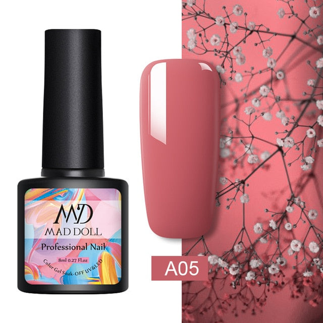MAD DOLL 8ml 60 Colors Gel Nail Polish Pure Nail Color Nail Gel Lacquer Soak Off UV Gel Varnish Base Coat No Wipe Top Coat