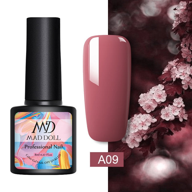 MAD DOLL 8ml 60 Colors Gel Nail Polish Pure Nail Color Nail Gel Lacquer Soak Off UV Gel Varnish Base Coat No Wipe Top Coat