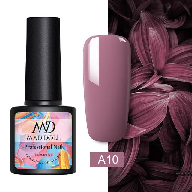 MAD DOLL 8ml 60 Colors Gel Nail Polish Pure Nail Color Nail Gel Lacquer Soak Off UV Gel Varnish Base Coat No Wipe Top Coat