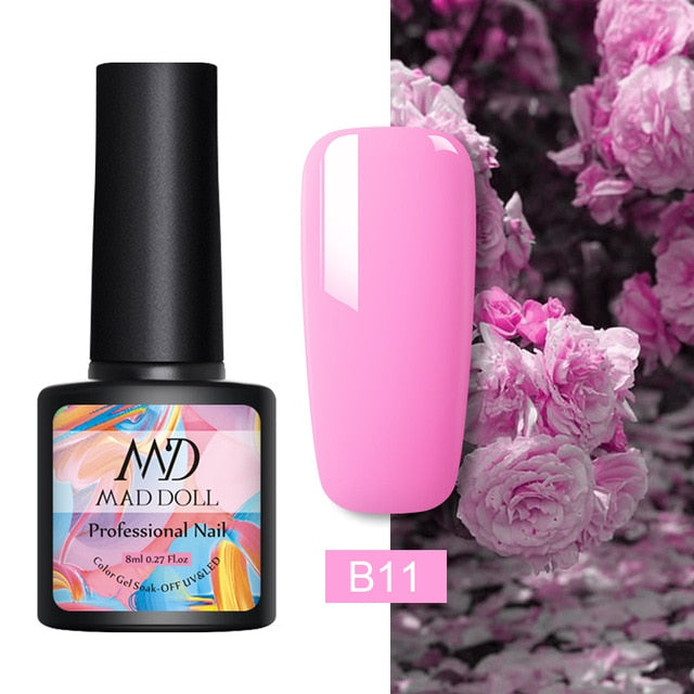 MAD DOLL 8ml 60 Colors Gel Nail Polish Pure Nail Color Nail Gel Lacquer Soak Off UV Gel Varnish Base Coat No Wipe Top Coat