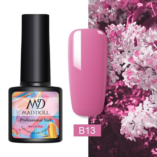 MAD DOLL 8ml 60 Colors Gel Nail Polish Pure Nail Color Nail Gel Lacquer Soak Off UV Gel Varnish Base Coat No Wipe Top Coat