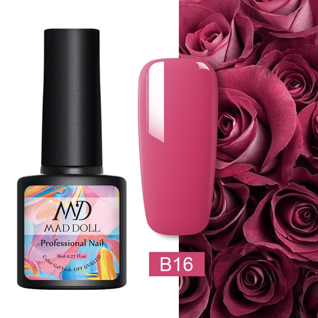 MAD DOLL 8ml 60 Colors Gel Nail Polish Pure Nail Color Nail Gel Lacquer Soak Off UV Gel Varnish Base Coat No Wipe Top Coat