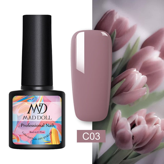 MAD DOLL 8ml 60 Colors Gel Nail Polish Pure Nail Color Nail Gel Lacquer Soak Off UV Gel Varnish Base Coat No Wipe Top Coat