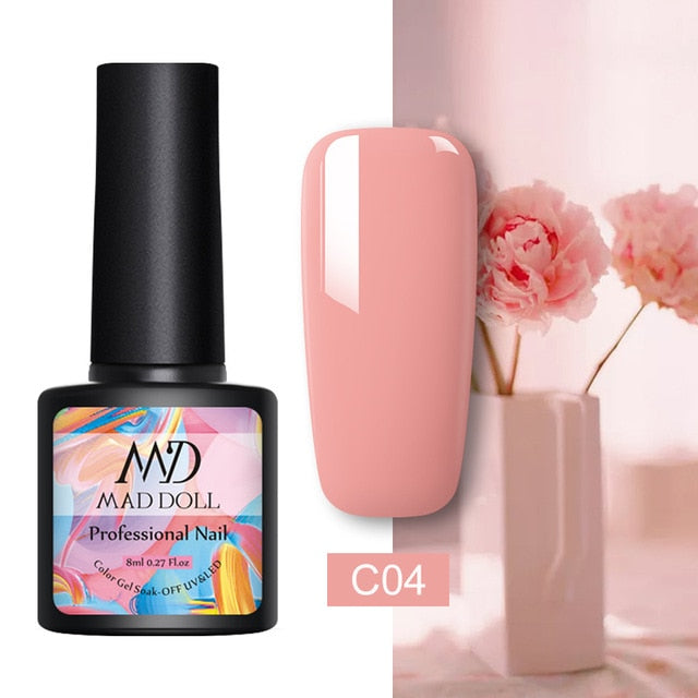 MAD DOLL 8ml 60 Colors Gel Nail Polish Pure Nail Color Nail Gel Lacquer Soak Off UV Gel Varnish Base Coat No Wipe Top Coat