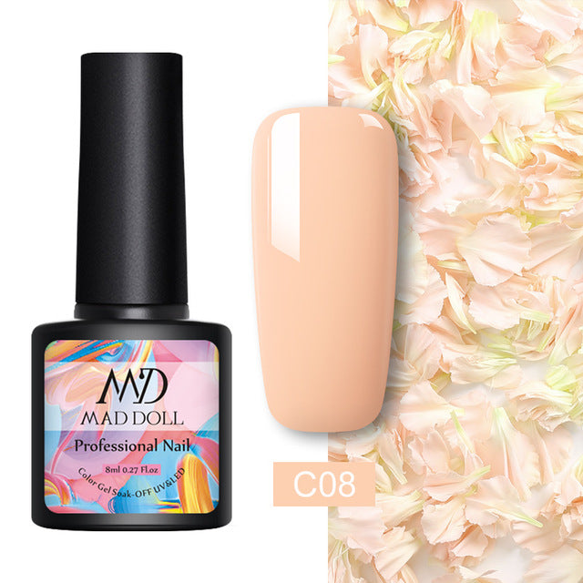MAD DOLL 8ml 60 Colors Gel Nail Polish Pure Nail Color Nail Gel Lacquer Soak Off UV Gel Varnish Base Coat No Wipe Top Coat