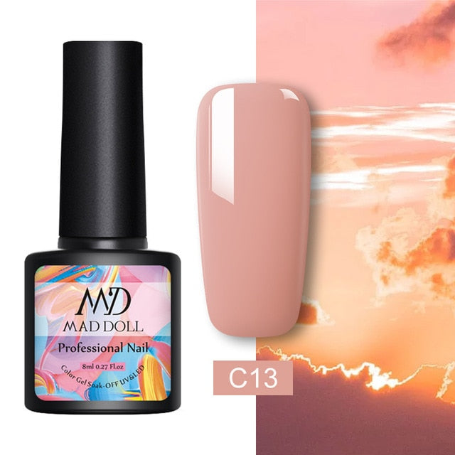 MAD DOLL 8ml 60 Colors Gel Nail Polish Pure Nail Color Nail Gel Lacquer Soak Off UV Gel Varnish Base Coat No Wipe Top Coat