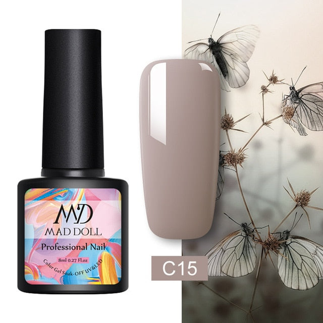 MAD DOLL 8ml 60 Colors Gel Nail Polish Pure Nail Color Nail Gel Lacquer Soak Off UV Gel Varnish Base Coat No Wipe Top Coat