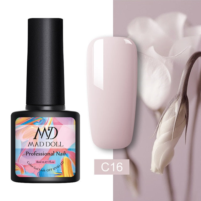 MAD DOLL 8ml 60 Colors Gel Nail Polish Pure Nail Color Nail Gel Lacquer Soak Off UV Gel Varnish Base Coat No Wipe Top Coat
