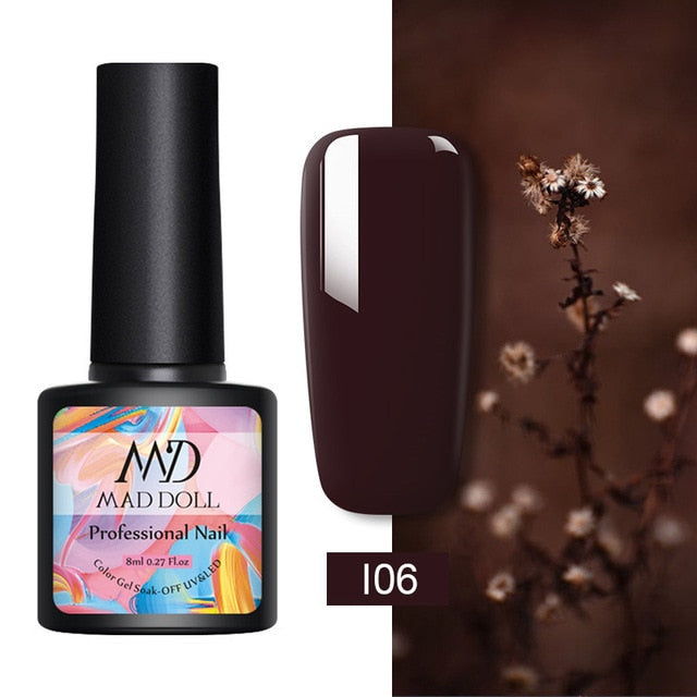 MAD DOLL 8ml 60 Colors Gel Nail Polish Pure Nail Color Nail Gel Lacquer Soak Off UV Gel Varnish Base Coat No Wipe Top Coat