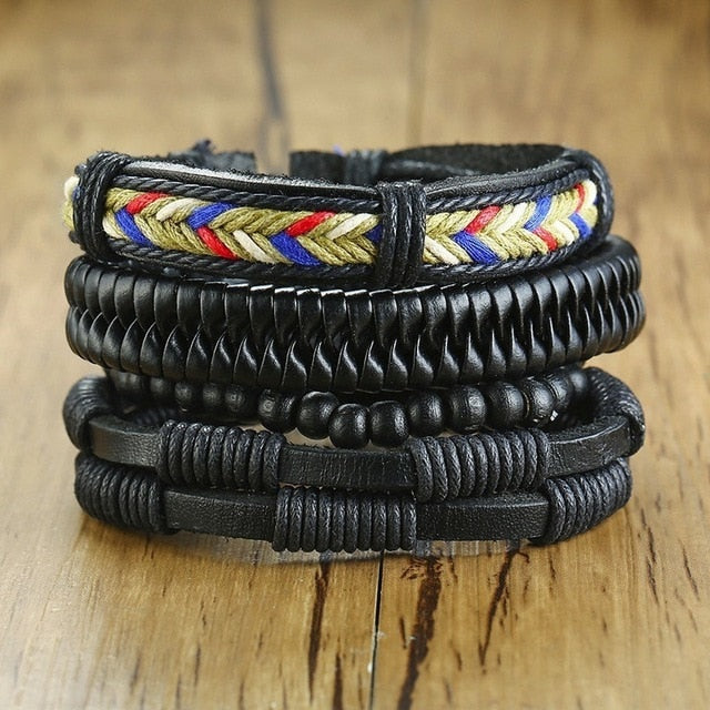 Vnox Mix 4Pcs/ Set Braided Wrap Leather Bracelets for Men Women Vintage Wooden Beads Ethnic Tribal Wristbands Bracelet Rudder