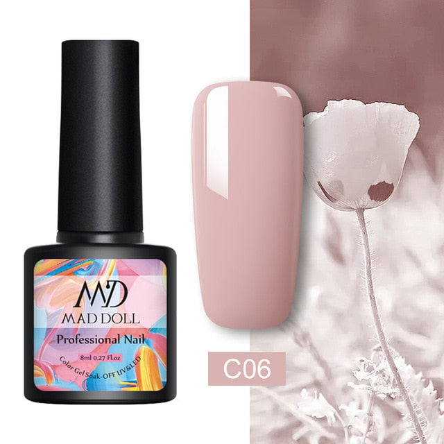 MAD DOLL 8ml 60 Colors Gel Nail Polish Pure Nail Color Nail Gel Lacquer Soak Off UV Gel Varnish Base Coat No Wipe Top Coat