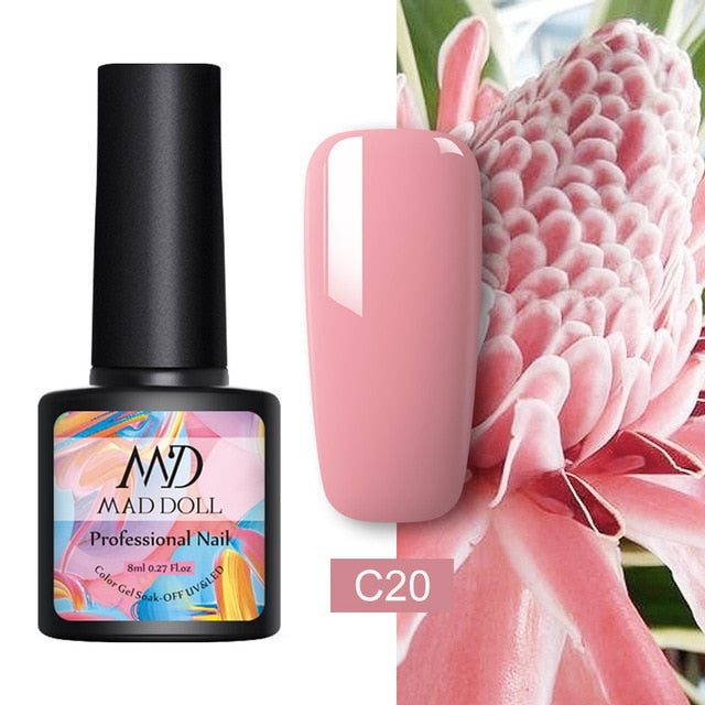 MAD DOLL 8ml 60 Colors Gel Nail Polish Pure Nail Color Nail Gel Lacquer Soak Off UV Gel Varnish Base Coat No Wipe Top Coat
