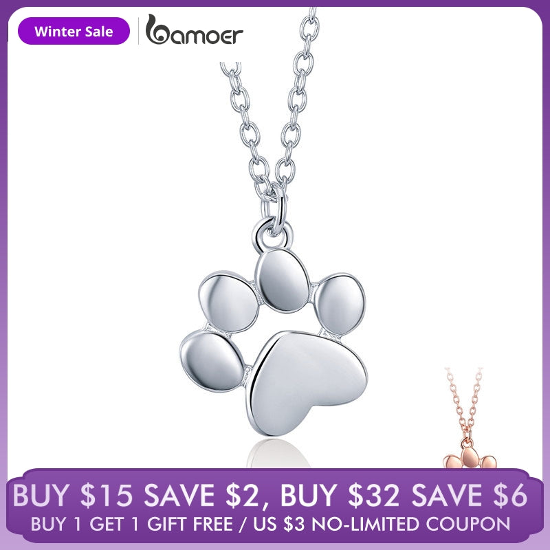 BAMOER HOT SALE Silver & Gold Color Cute Animal Footprints Dog Cat Footprints Paw Necklaces Pendants Women Silver Jewelry SCN275