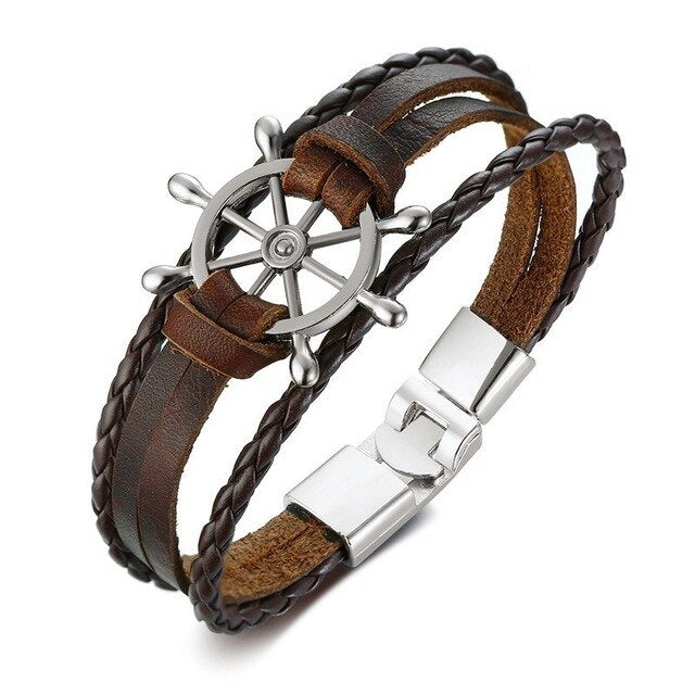 Vnox Vintage Rudder Charm Bracelet for Men Multi-layer Leather Rope Bracelets Bangles 7.87" pulseira masculina