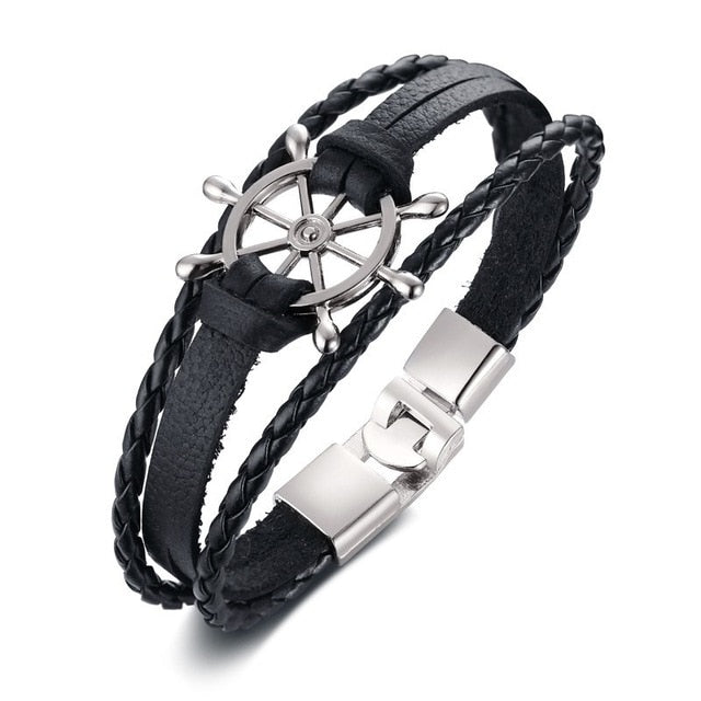 Vnox Vintage Rudder Charm Bracelet for Men Multi-layer Leather Rope Bracelets Bangles 7.87" pulseira masculina